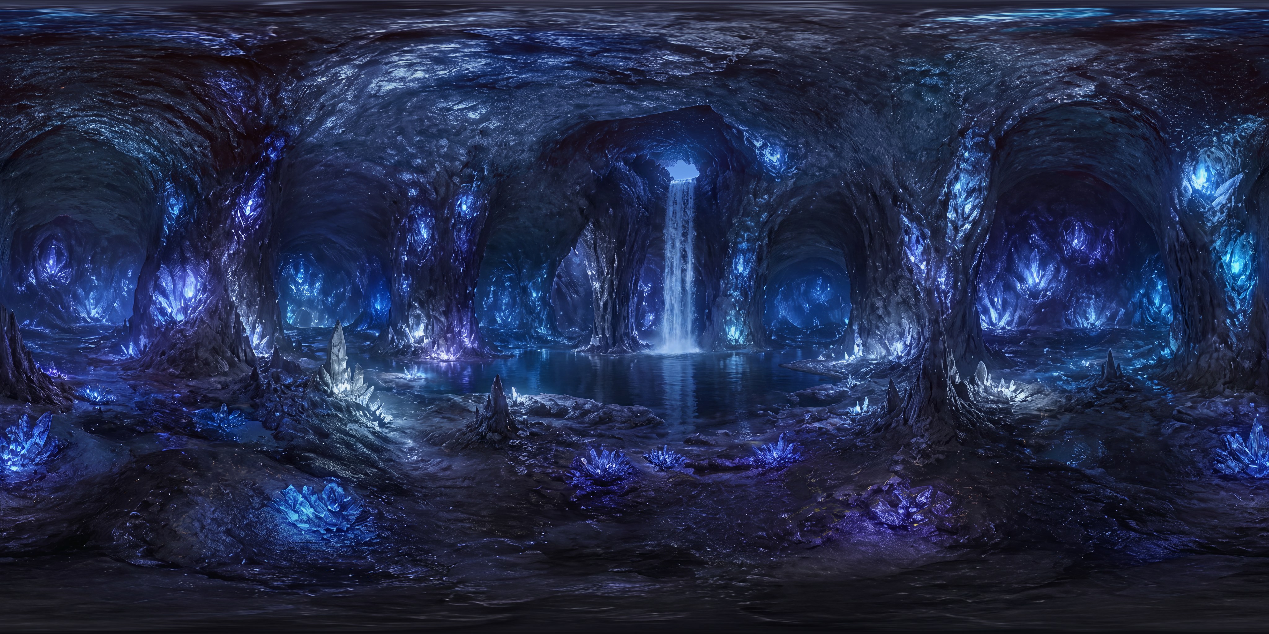 Glowing Crystal Cavern and Underground Waterfall (12K)