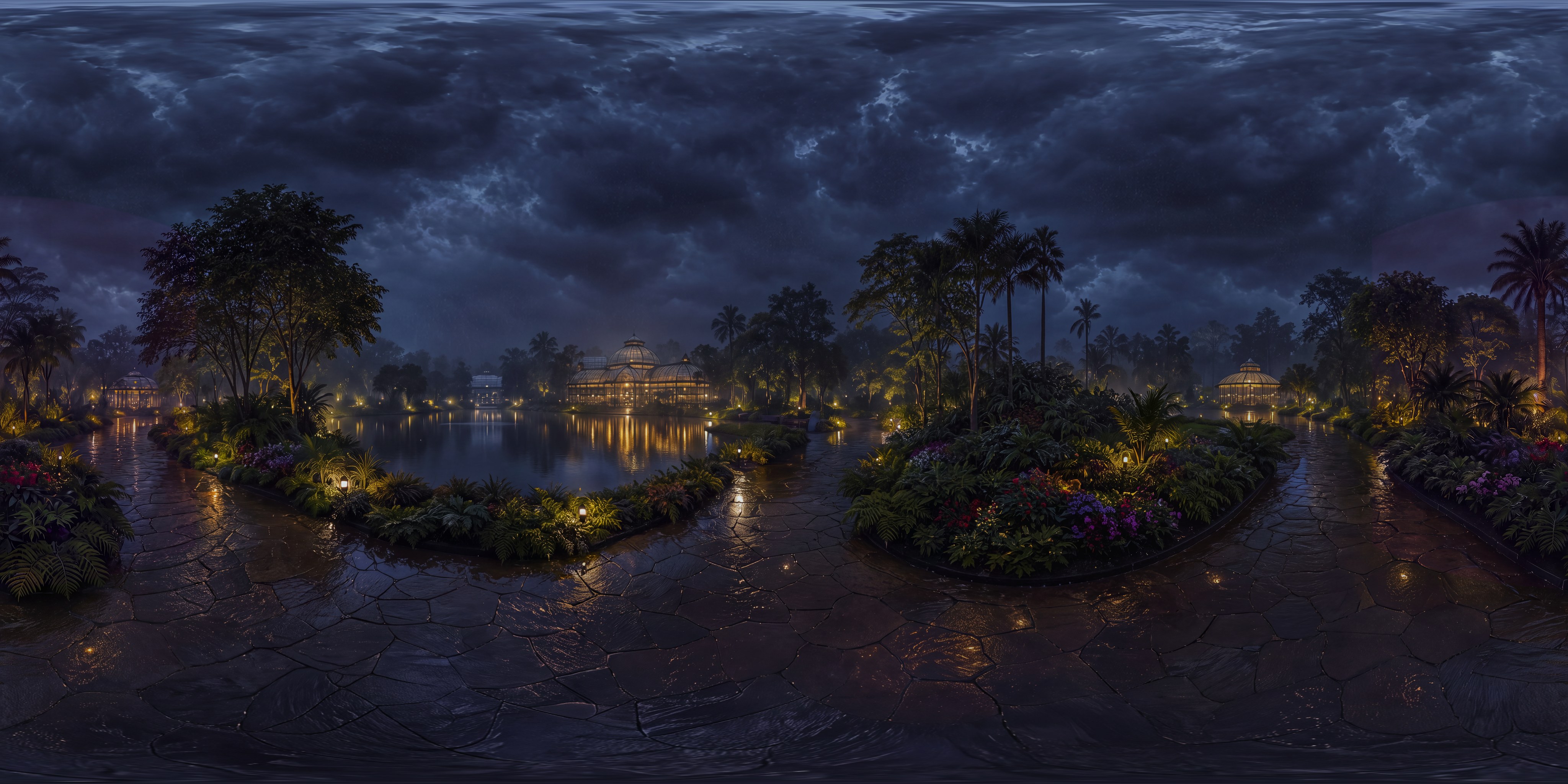 Rainy Night Botanical Garden with Distant Greenhouses (12K)